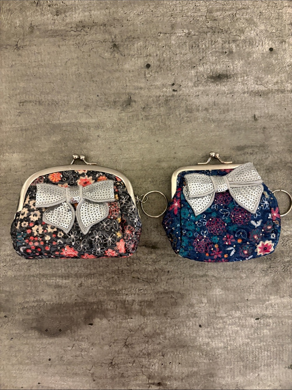 2 New Sequined Floral Small Coin Purse With Accent Bows